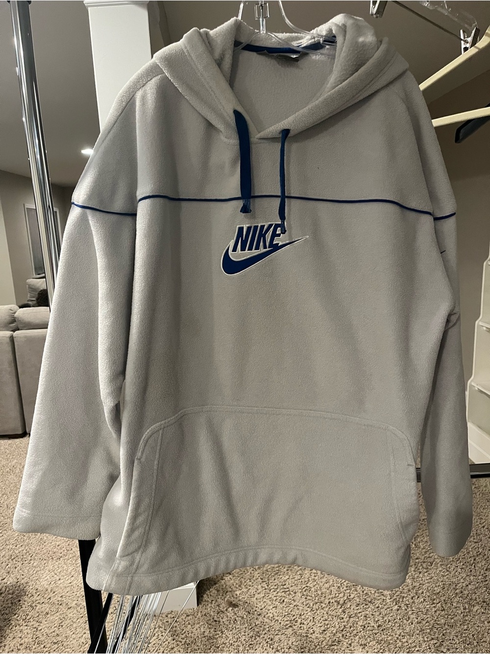 Nike Men's Light Gray Fleece Hoodie with Blue Logo and Trim